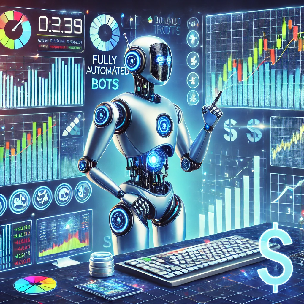 DALL·E 2024 12 05 17.09.17 A visually appealing illustration showcasing the advantages of fully automated trading bots. The image includes a sleek robot analyzing stock market c